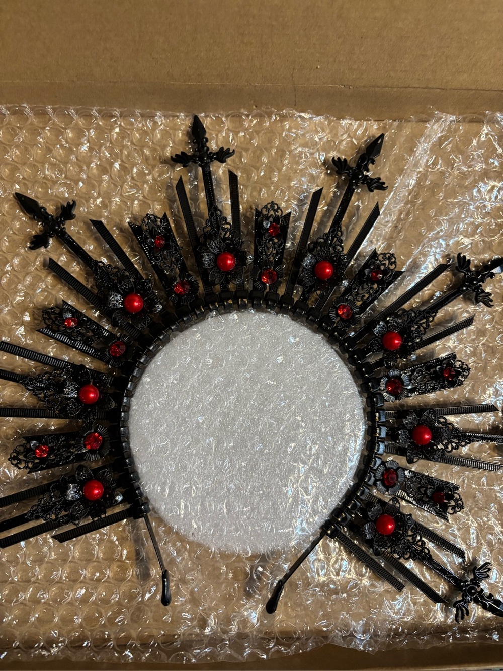 Ornate Black Metal Halo, Crown, Headpiece with Crosses and Red Accents